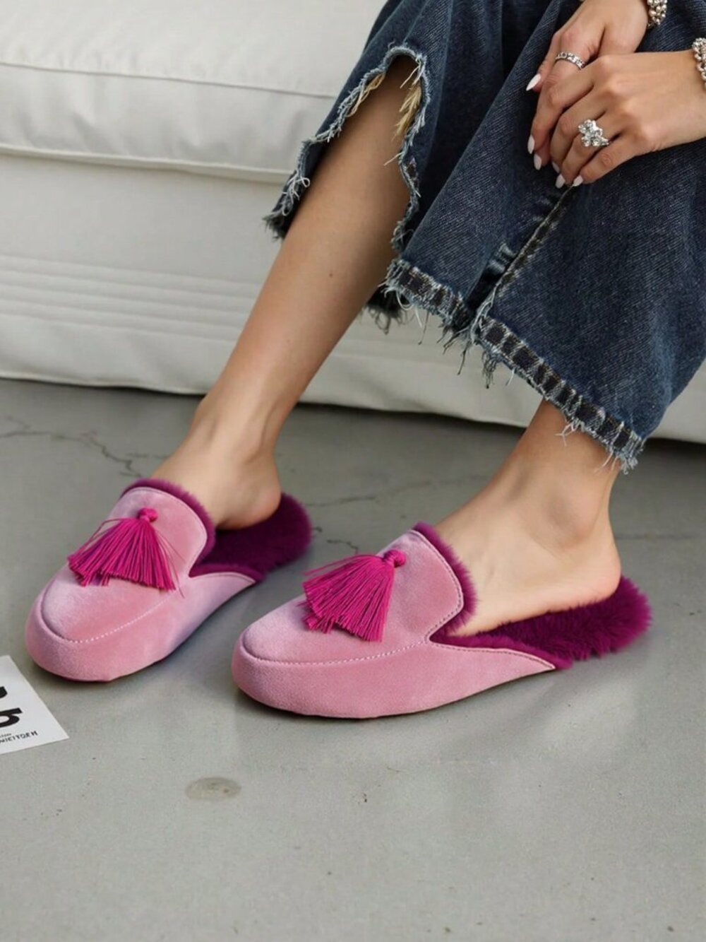 Pink Beach Women's Fringed Plush Warm Plush Anti-Slip House Slippers